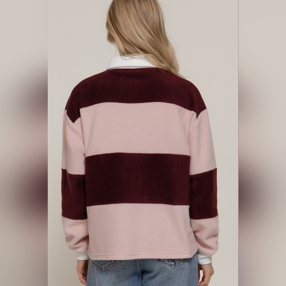 Long Sleeve Rugby Pink Burgandy Striped Fleece Polo Shirt - Picture 4 of 4